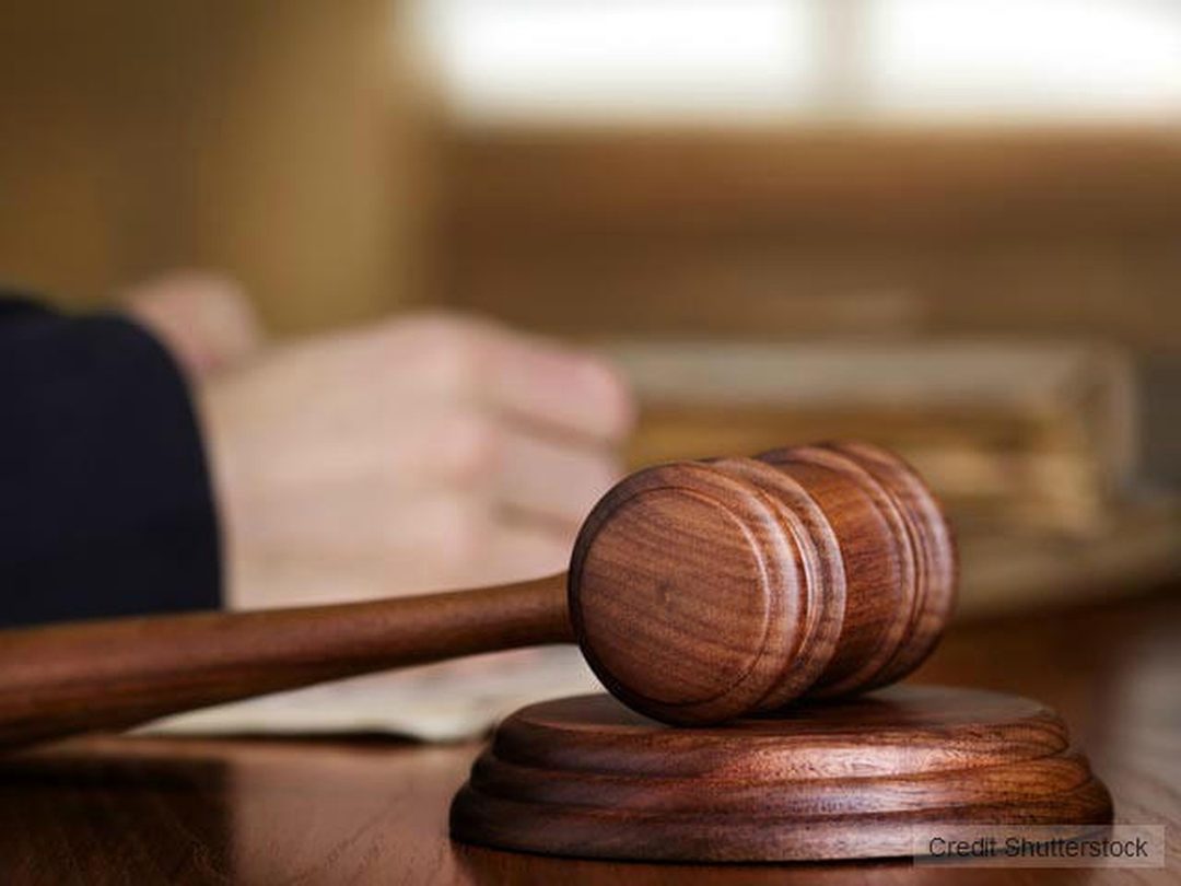 A wooden courtroom gavel resting on its sounding block