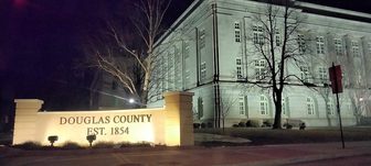The Douglas County Courthouse in Superior, Wisconsin, at night