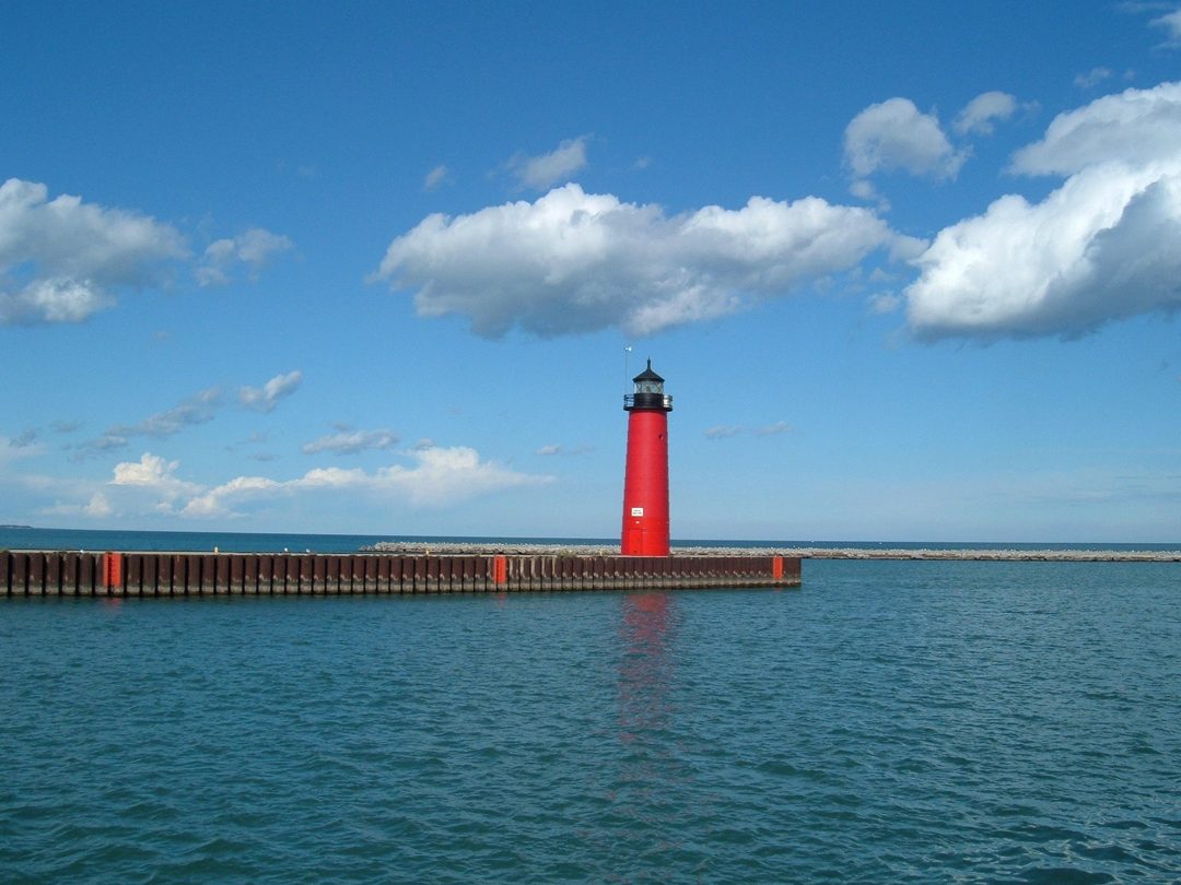 The red Kenosha North Pier Lighthouse on Lake Michigan in Kenosha, Wisconsin