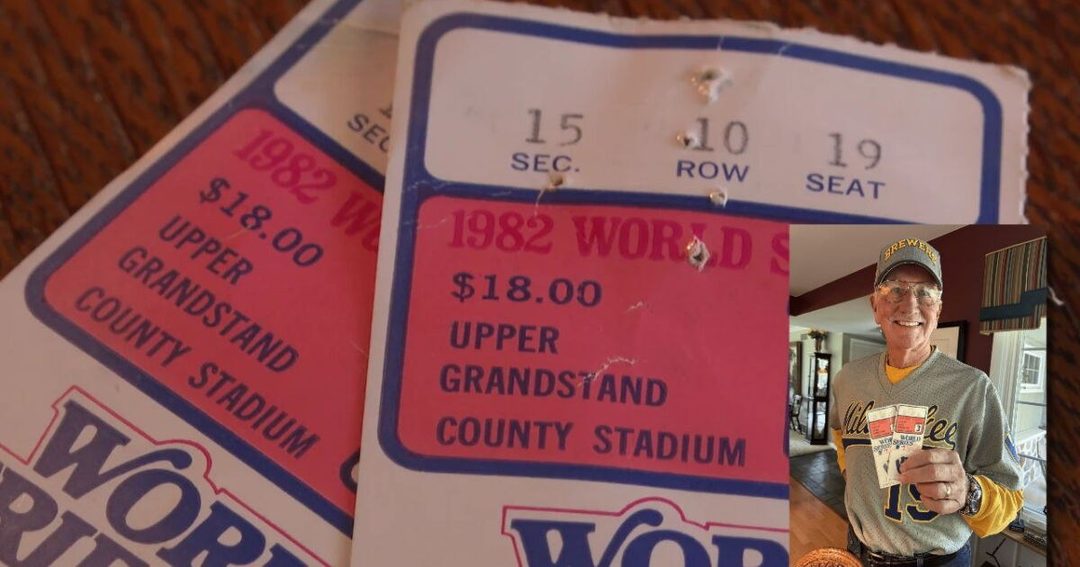 Brewers fan Bob Wilkes holding his 1982 World Series tickets