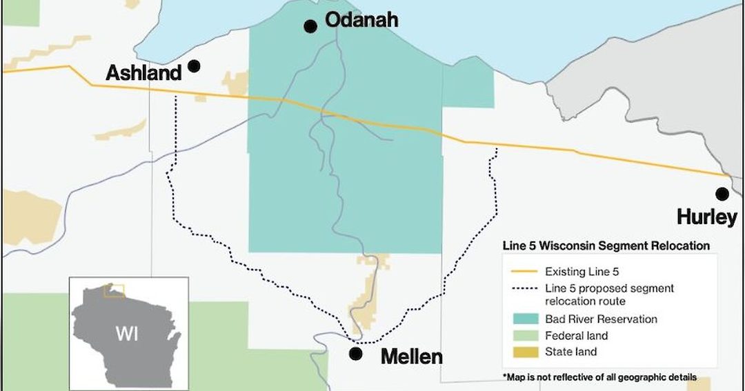 Map of the Line 5 Wisconsin segment relocation route near Ashland, Odanah, Mellen and Hurley
