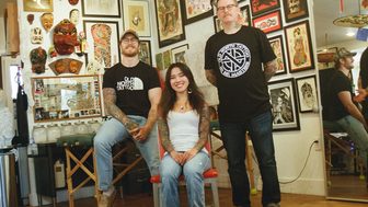 Old North Tattoo artists Garrett Friede, Shannen Fredrickson and Shannon Nordin at their Eau Claire shop