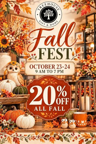 Fall Fest poster for Treehouse Gift & Home showing pumpkins, fall leaves and 20 percent off all fall, Oct. 23-24, 9 a.m. to 7 p.m.