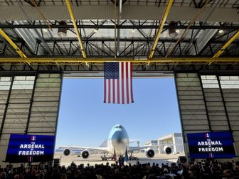 Secretary of Defense Pete Hegseth delivers remarks in front of E-4C and E-4B aircraft at Sierra Nevada Corporation in Dayton, Ohio, during the Arsenal of Freedom tour on Oct. 20