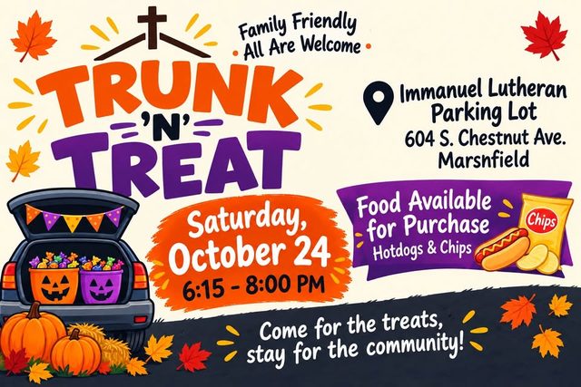 Trunk-or-Treat flyer for Immanuel Lutheran Church in Marshfield, showing Saturday, Oct. 24, 6:15 to 8 p.m., at 604 S. Chestnut Ave.