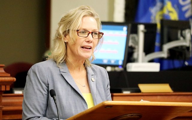 Kenosha County Executive Samantha Kerkman speaking at a podium