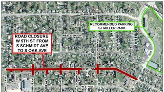 City of Marshfield map showing the W. 5th Street closure area and recommended parking at SJ Miller Park