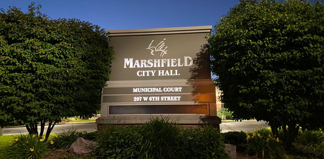 Marshfield City Hall sign in Marshfield, Wisconsin