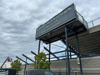 The tornado-damaged bleachers at Nathan Calder Stadium in Menasha, home of the Bluejays