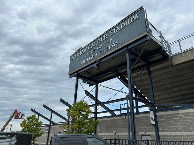 The tornado-damaged bleachers at Nathan Calder Stadium in Menasha, home of the Bluejays