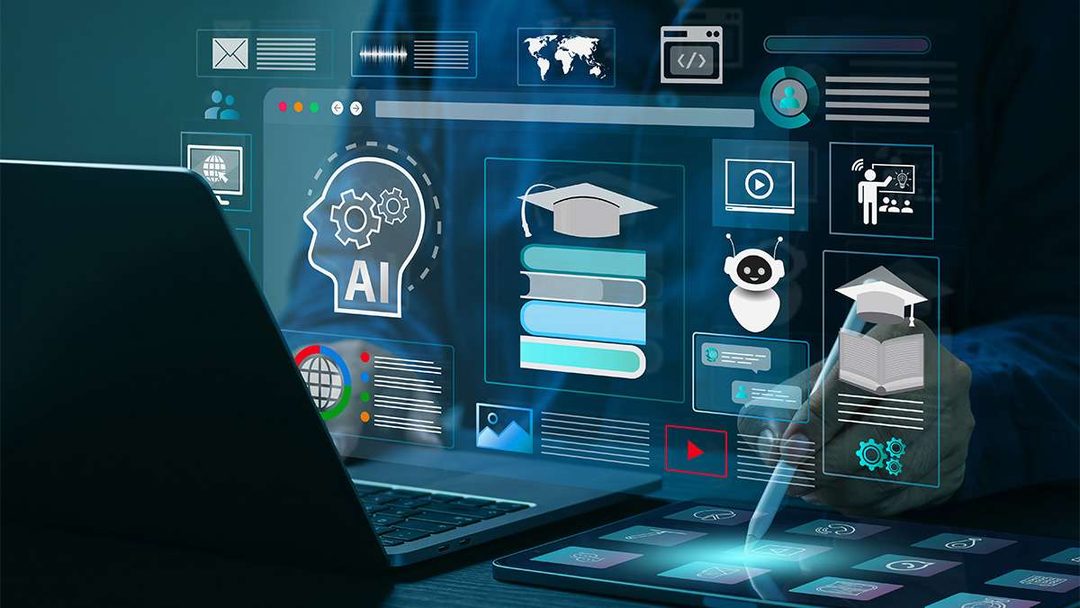 Digital tools and AI learning graphics over a laptop and tablet