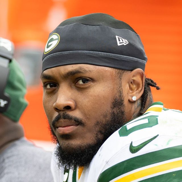Green Bay Packers running back Josh Jacobs in his Packers uniform