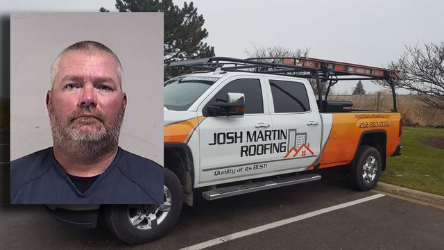 Booking photo of Joshua Todd Martin next to a Josh Martin Roofing truck