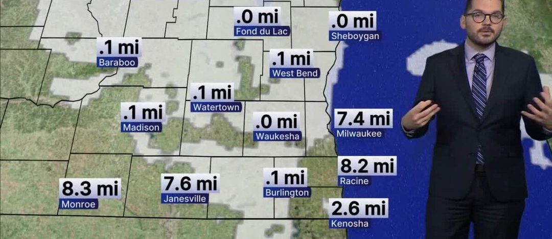 A visibility map showing dense fog across southeast Wisconsin on Tuesday morning