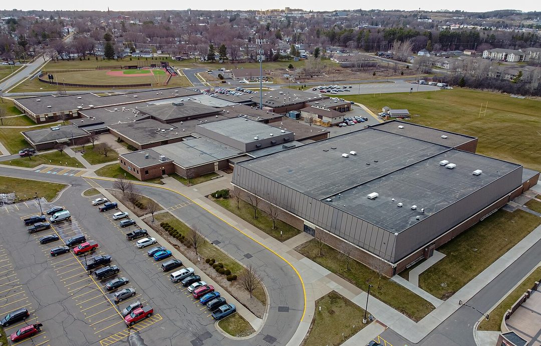 An aerial view of Marshfield High School in Marshfield, Wisconsin