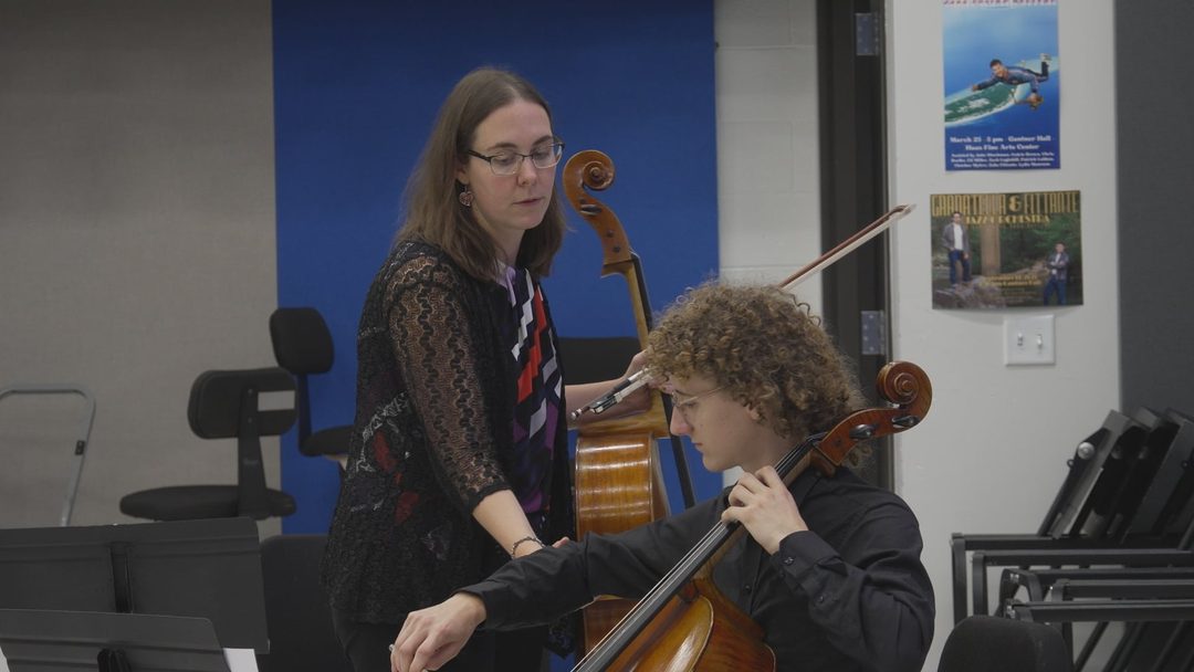 A UW-Eau Claire cello student performs in a master class during the String Festival at the Haas Fine Arts Center
