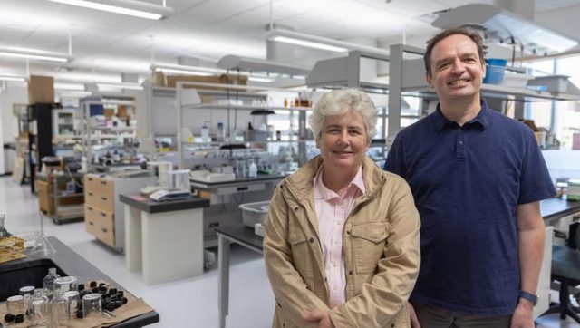 UW-Stout Polytechnic professors Jennifer Grant, left, and Dmitry Kadnikov in a lab