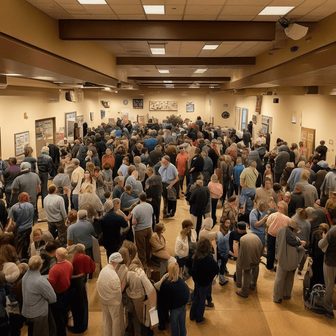 A large crowd gathered inside a meeting hall for a public meeting