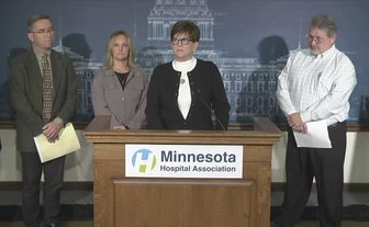Winona Health President and CEO Rachelle Schultz speaking at a Minnesota Hospital Association press conference