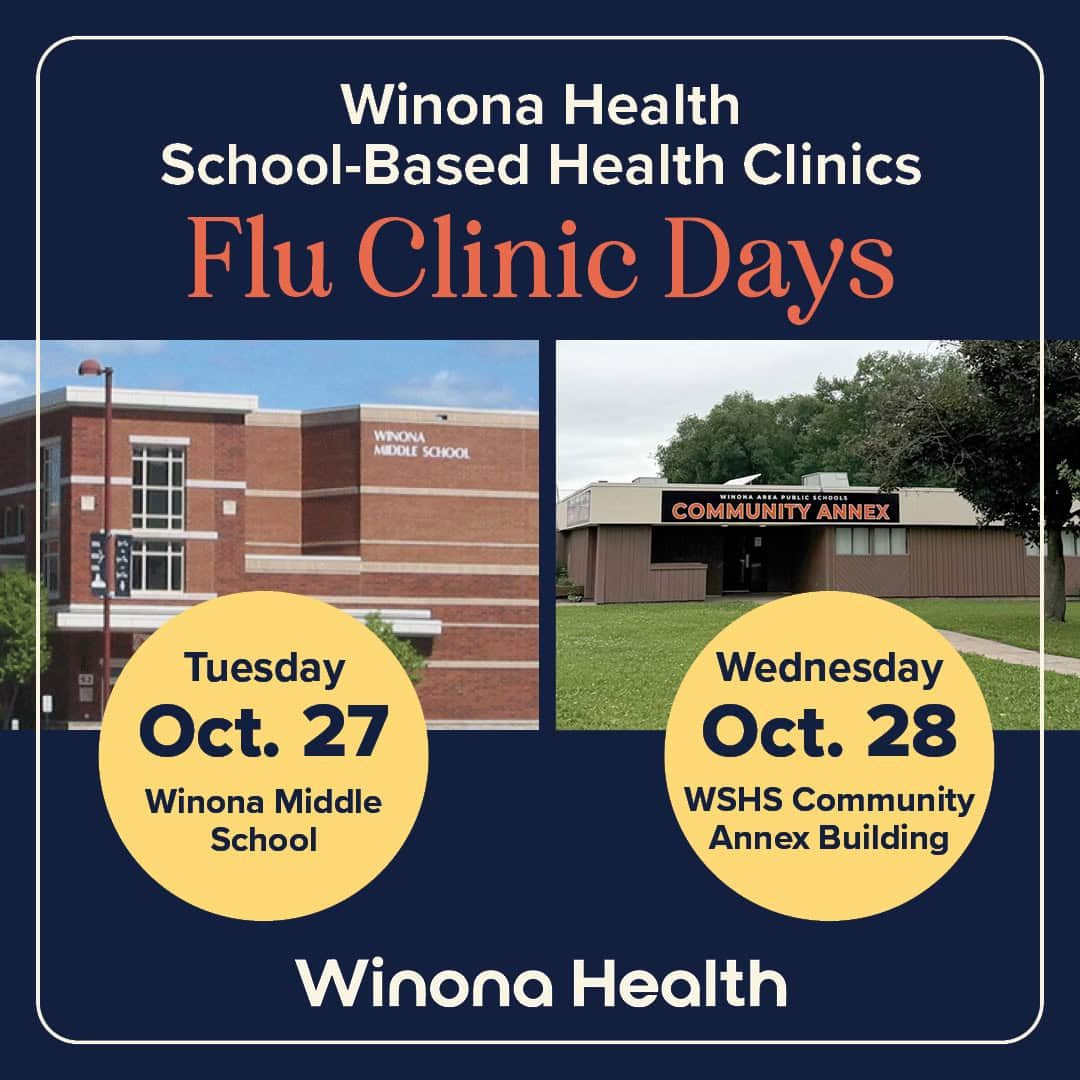 Winona Health flu clinic days graphic showing Winona Middle School on Oct. 27 and the WSHS Community Annex on Oct. 28