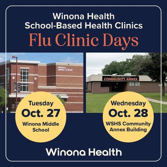 Winona Health flu clinic days graphic showing Winona Middle School on Oct. 27 and the WSHS Community Annex on Oct. 28