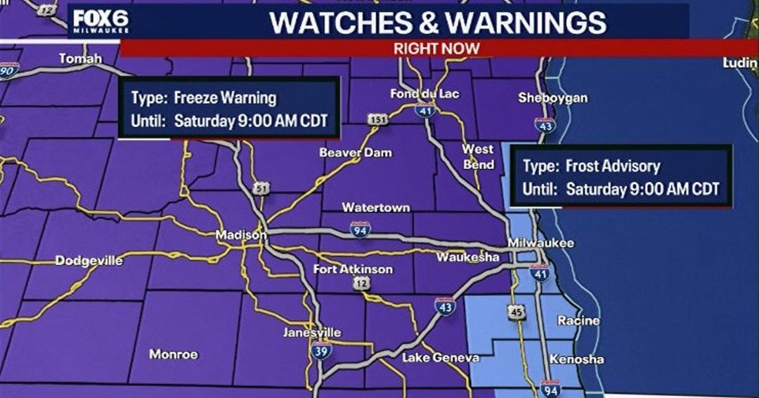 Map showing freeze warning and frost advisory areas in southern Wisconsin