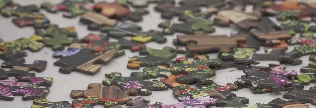 Scattered jigsaw puzzle pieces at the Wisconsin State Jigsaw Puzzle Championships in Rothschild